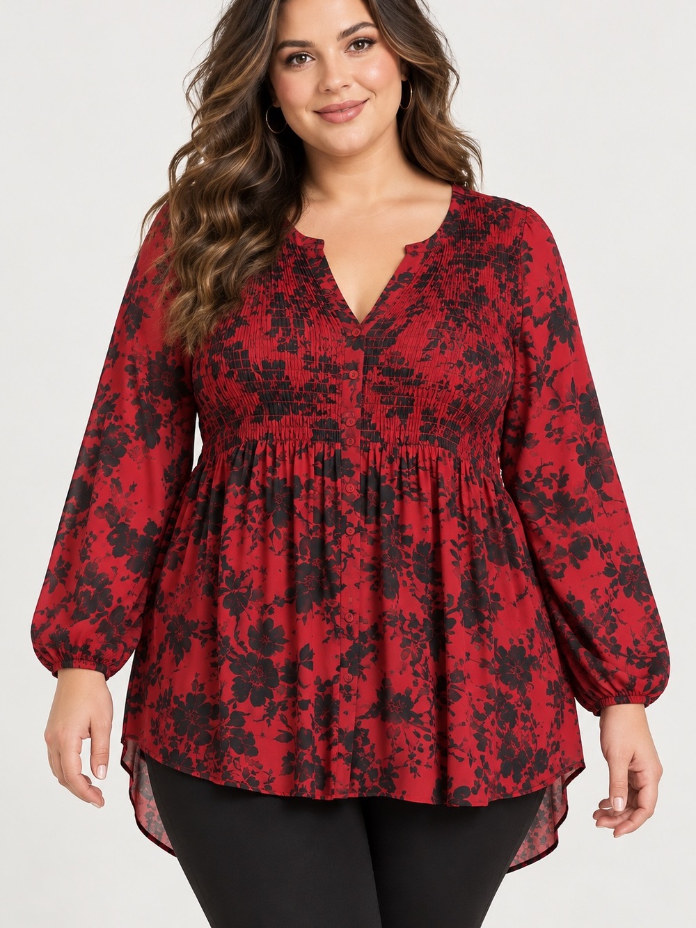 Torrid Red Black Floral Smocked Tunic Blouse Size 3 Boho